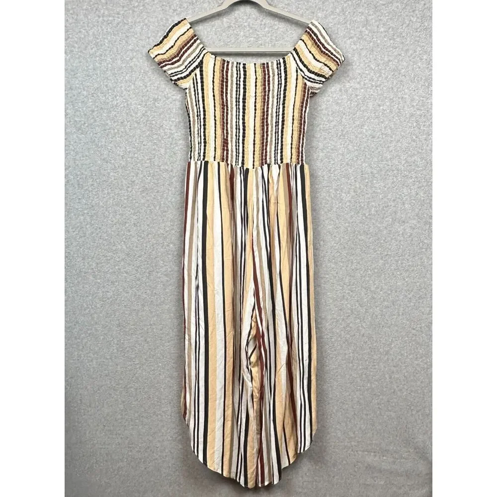 J for Justify Smocked Jumpsuit Womens L Multicolor Striped Wide Genie‎ Leg Boho